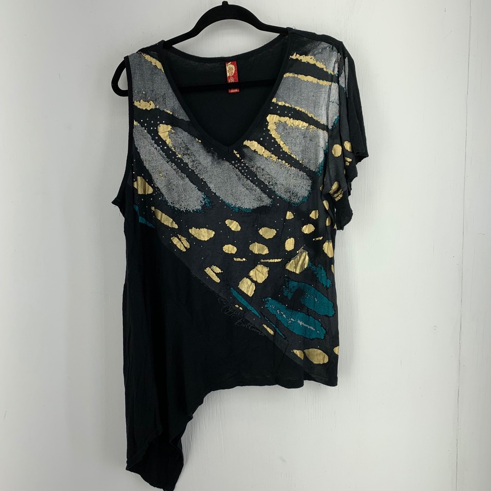 Apple Bottoms Women 2X Black Gold Foil Butterfly Asymmetrical Top Y2K 2000s Edgy